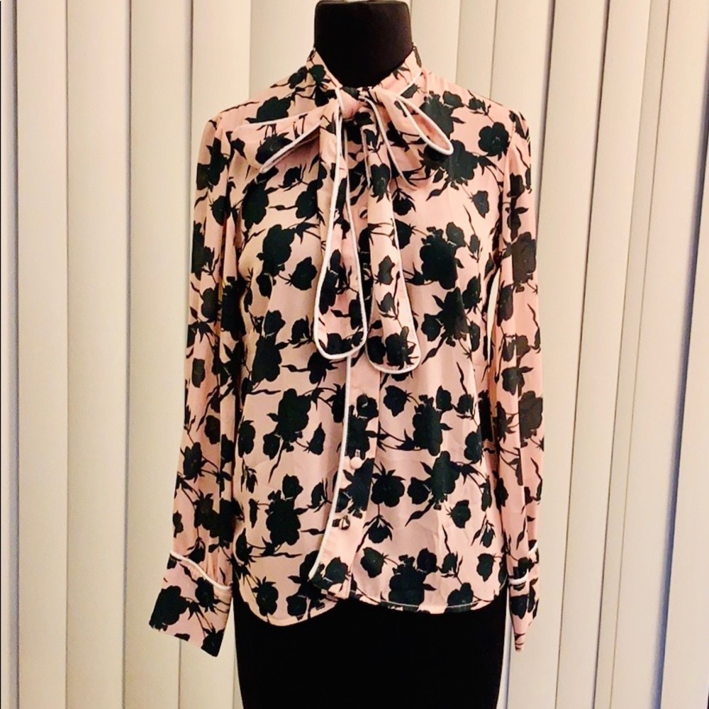 Peach w/ green flower print bow blouse. GUC